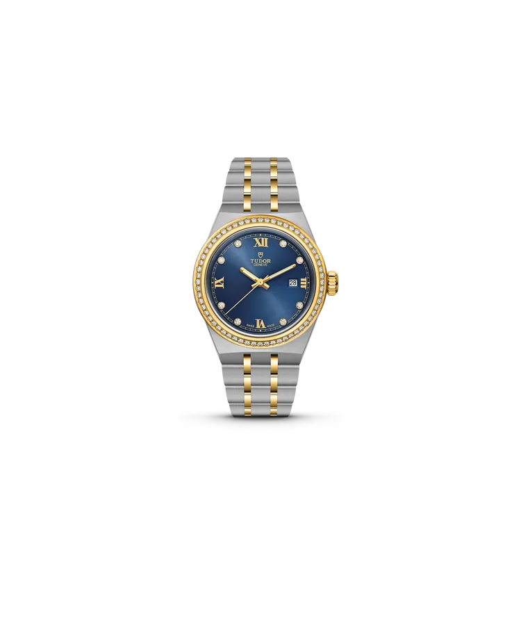 TUDOR Royal特別版腕錶，28mm，316L不鏽鋼或316L不鏽鋼及黃金錶殼，藍色錶面，316L不鏽鋼或316L不鏽鋼及黃金五鏈節一體式錶帶，T201型自動上鍊機械機芯，動力儲存38小時，防水深度100米。品牌提供
