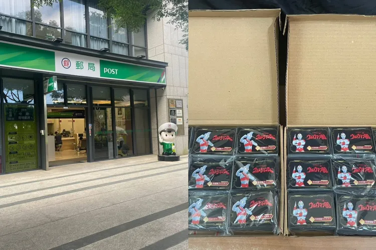 鍾穀龍奧特曼卡牌繪製通過日本公司審核後，就會交給台灣印刷廠印製，並由他與工讀生清點包裝(圖右)，接著再到鄰近郵局(圖左)寄送到日本玩具公司，現在郵局的人知道他的驚人背景後，都會親切地叫他是「鹹蛋超人畫家」。鍾穀龍提供