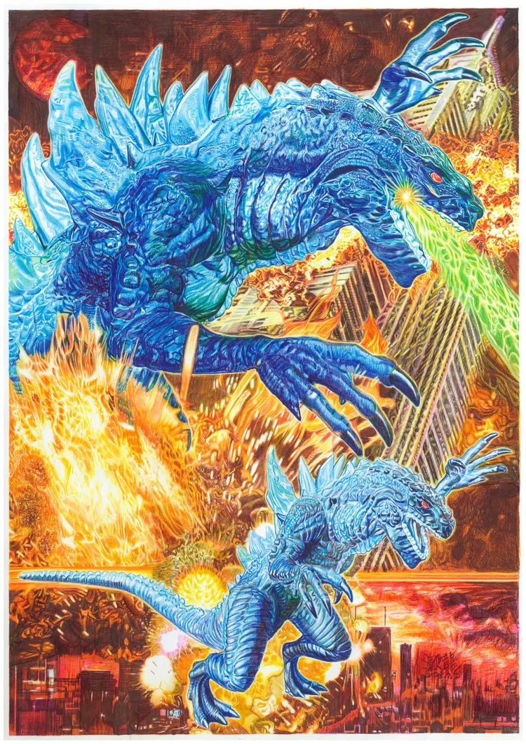 善用原子筆創作的鍾穀龍，以0.5mm圓珠筆畫了一隻1998年施展原子吐息的哥吉拉，讓日本知名櫻花玩具社長讚不絕口。鍾穀龍提供