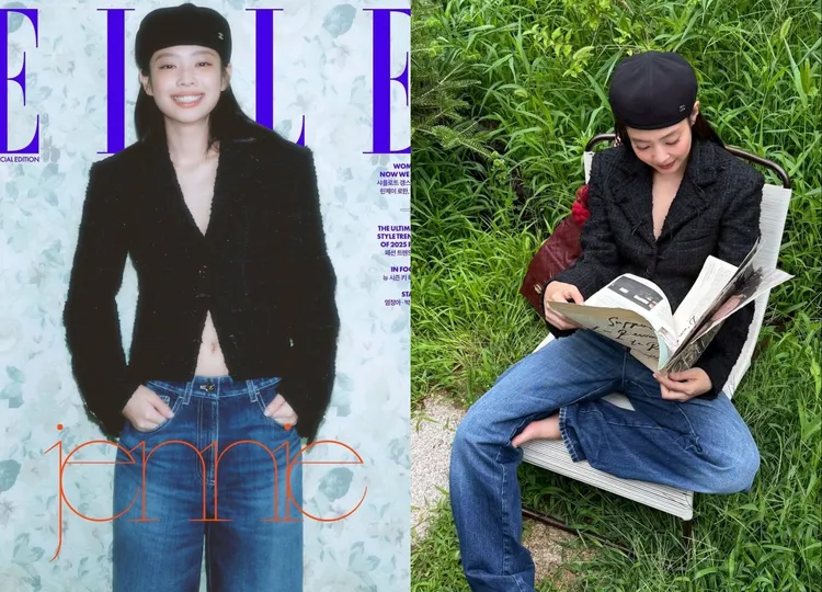 Jennie換上香奈兒經典的斜紋軟呢外套，搭配修身丹寧褲。翻攝Jennie IG