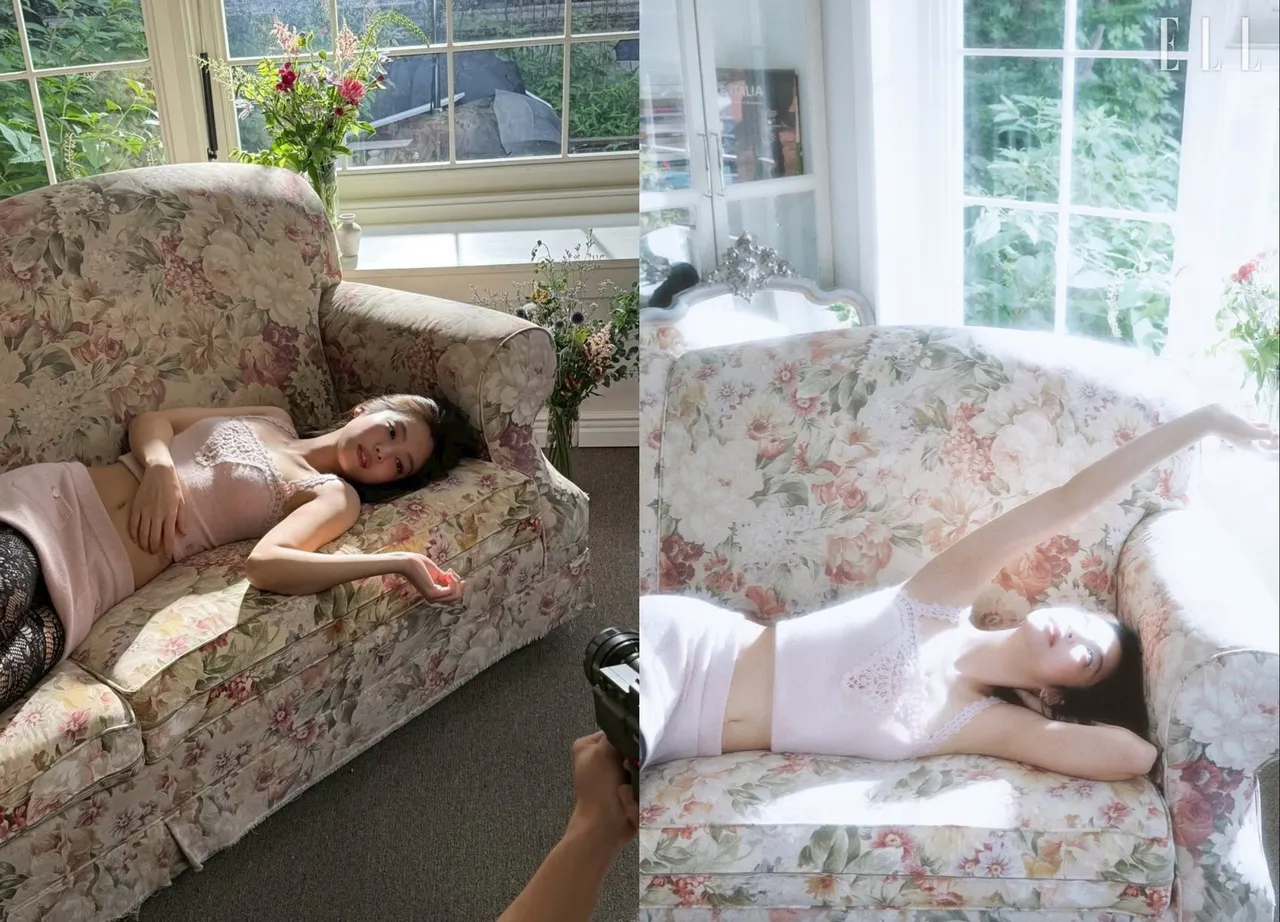 Jennie换上淡粉色蕾丝吊带上衣,搭配短裙与渔网丝袜。翻摄Jennie IG