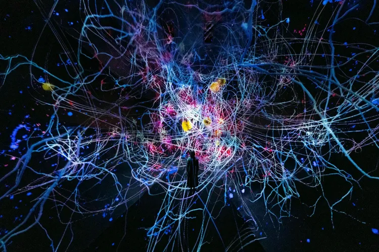 《Traces of Life》：參與者的行動在地面留下發光軌跡，這些痕跡隨時間累積，成為作品的一部分。teamLab Biovortex Kyoto, Kyoto @teamLab提供