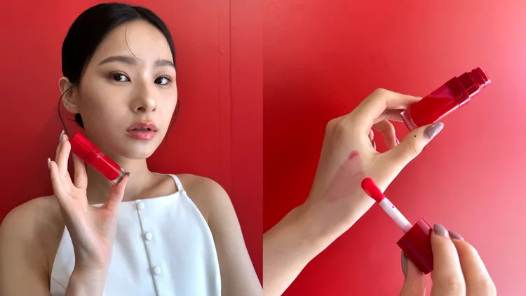 Model示範克蘭詩彈潤植萃美唇油#54經典紅。張家玲攝