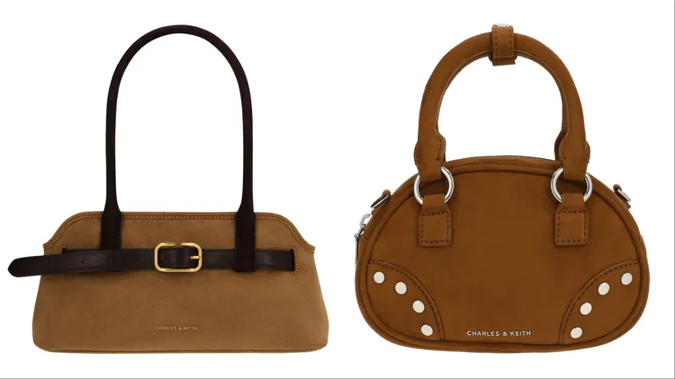 CHARLES & KEITH Victoria麂皮肩背包（左）3190元、Bobbie麂皮拉鍊托特包（右）2590元。品牌提供