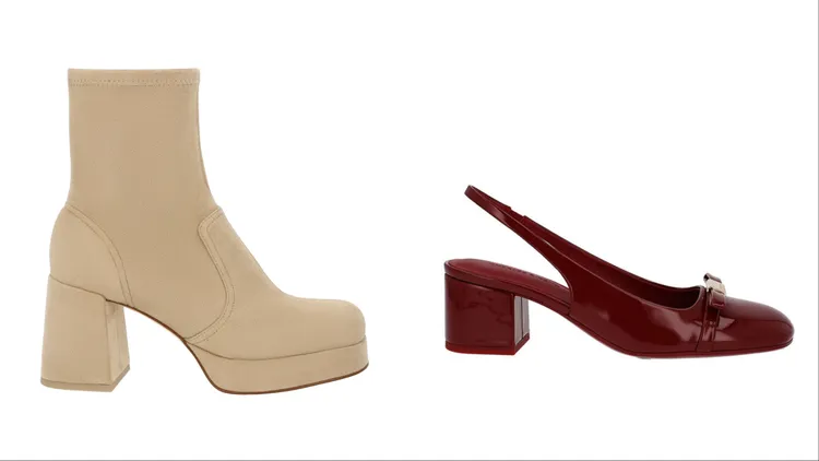 CHARLES & KEITH 方頭粗跟厚底短靴（左）2290元、Dorian蝴蝶結裸跟鞋（右）1990元。品牌提供