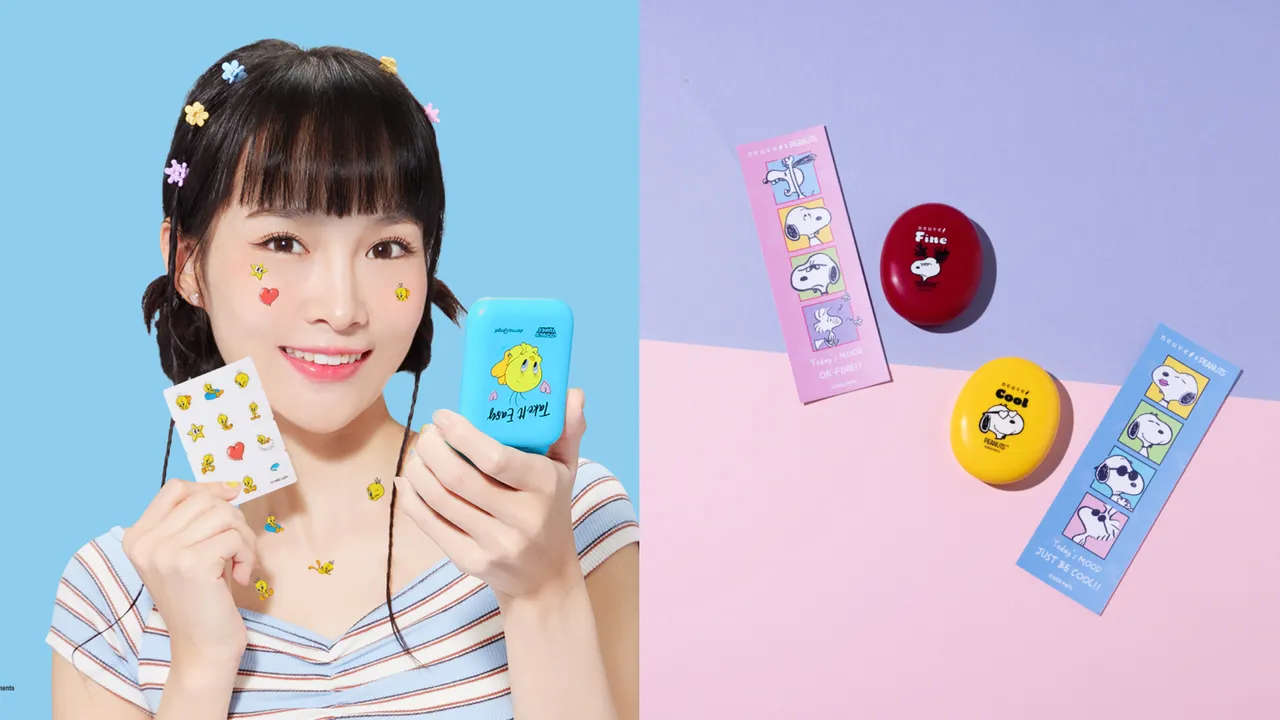 護妍天使(左圖)推出崔弟(Tweety)聯名痘痘貼;惹我(右圖)則與史努比(Snoopy)合作,打造限定蜜粉。品牌提供