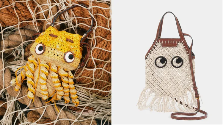 Anya Hindmarch Dive Shop Raffia草編章魚包款（左）2萬5580元、Macrame眼睛流蘇包 （右）1萬9580元。品牌提供