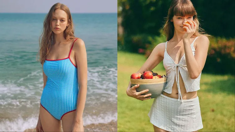 5pening Melanie格紋連身泳衣（左）4580元、Kylie Tankini泳裝（右）4980元。品牌提供
