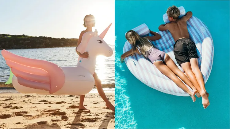 SUNNYLiFE夢幻獨角獸漂浮游泳圈（左）2480元、雙人愛心漂浮氣墊（右）2280元。品牌提供
