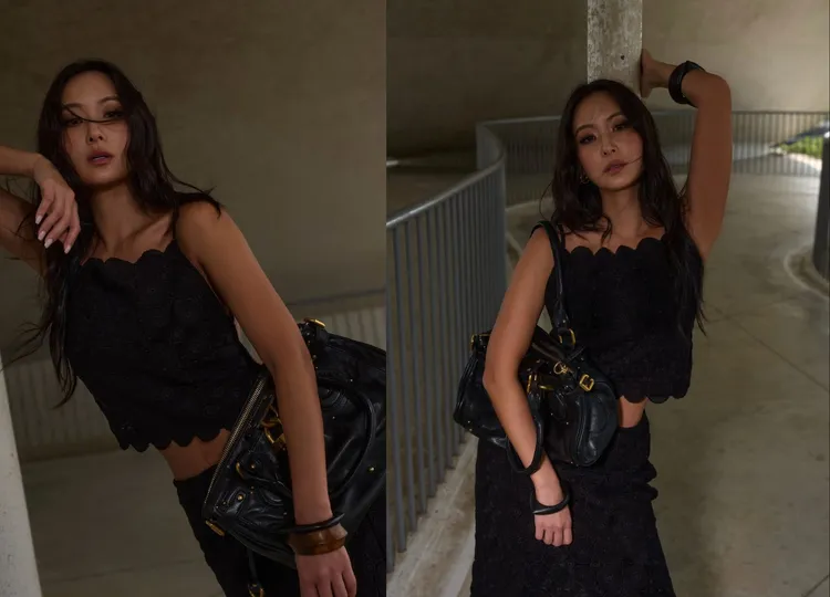 孫芸芸一手高舉倚靠在水泥柱上，曬出完美S曲線。翻攝孫芸芸IG