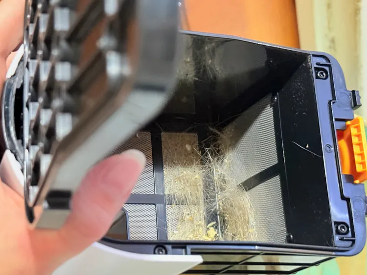 根據測試，一週的清潔量大約僅有集塵盒的一小部分。趙筱文攝