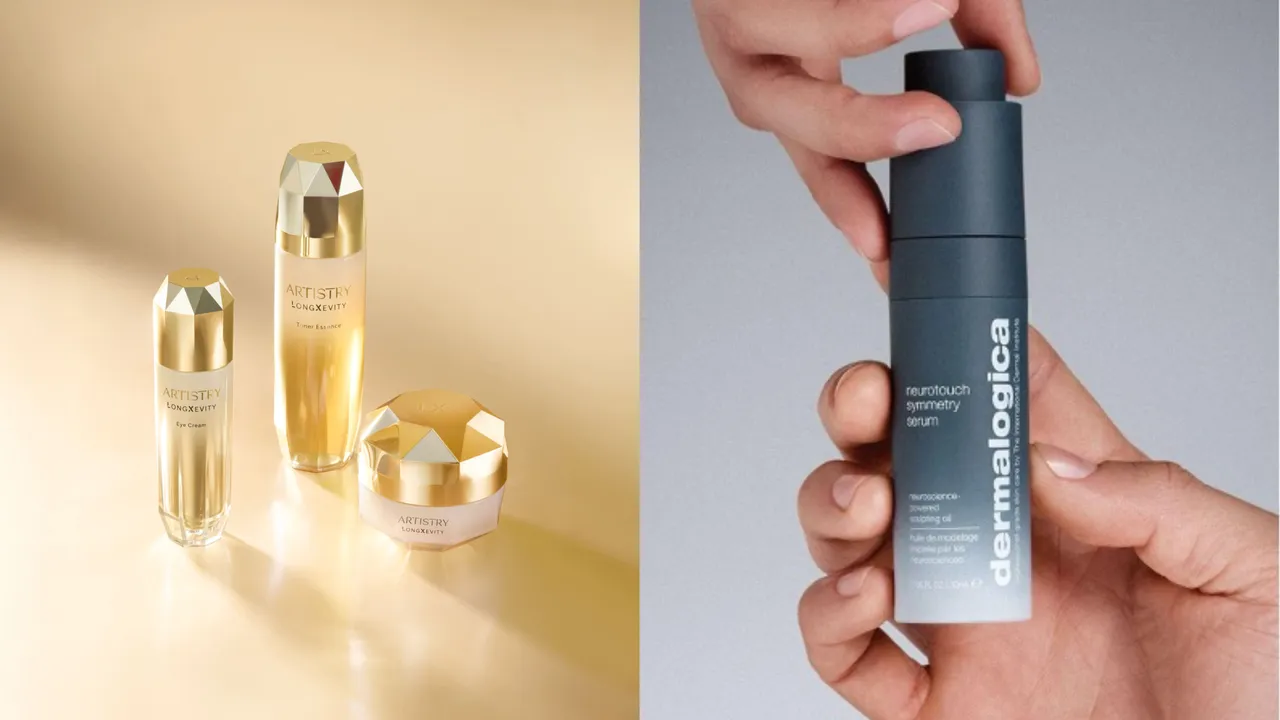 保養品牌雅芝（左圖）推出全新時光金耀系列，德卡也帶來全新3D律動塑顏精萃。品牌提供