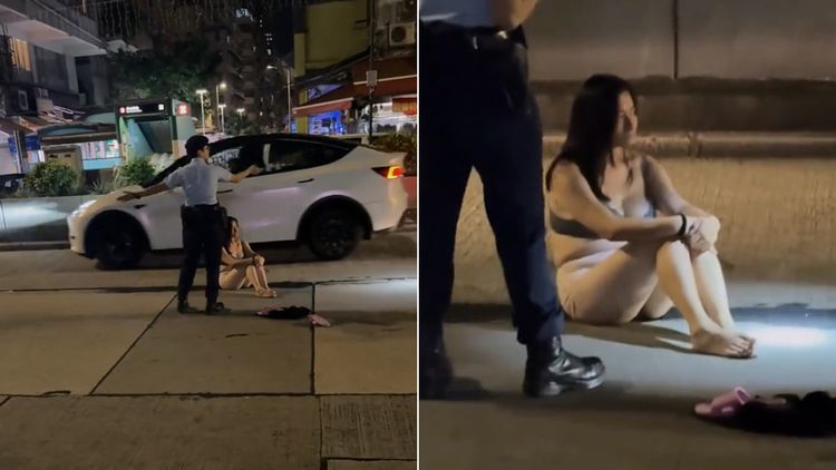 長髮女只穿內衣褲坐馬路發呆　你是員警怎麼做？