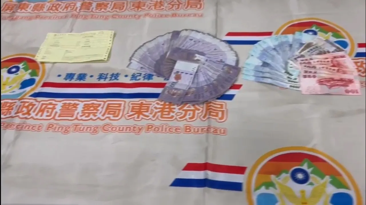 东港警方22日晚间查缉外籍车手到案,起出赃款。翻摄画面