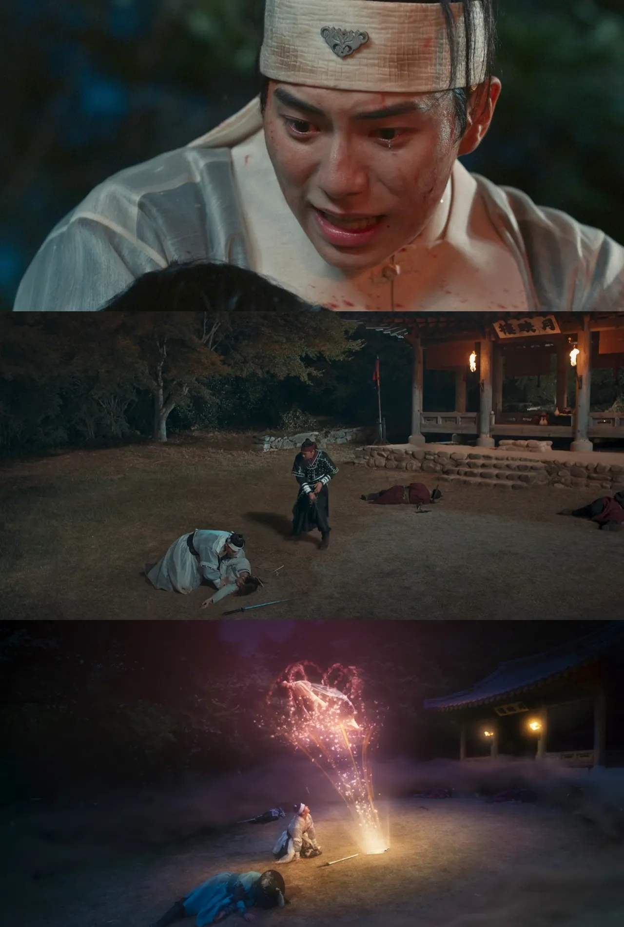 李彩玟抱著替他擋刀的潤娥傷心欲絕,她因《望雲錄》重新回到現代。翻攝Netflix