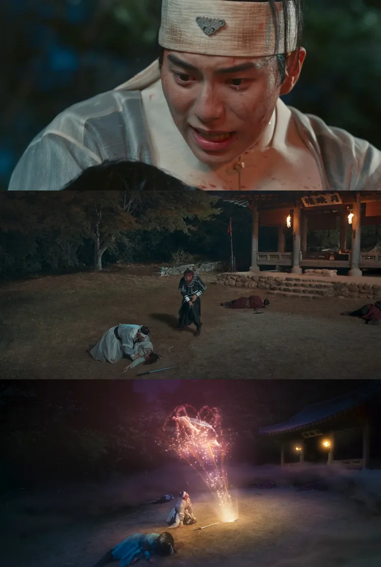 李彩玟抱著替他擋刀的潤娥傷心欲絕，她因《望雲錄》重新回到現代。翻攝Netflix