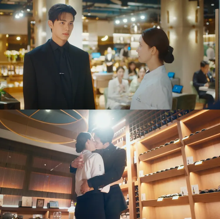 李彩玟穿著黑色西裝帥氣現身幫潤娥解圍，2人在現代重逢甜蜜擁吻。翻攝Netflix