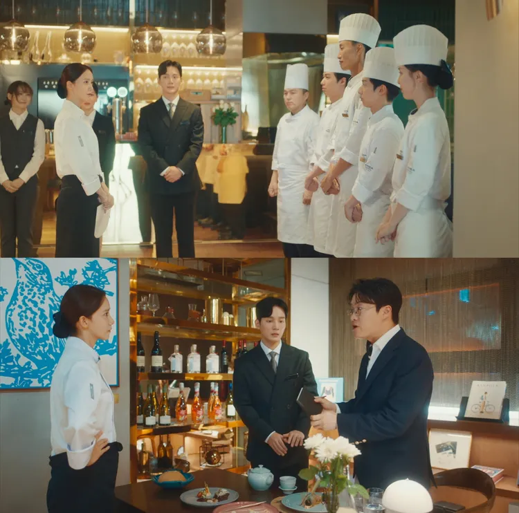 潤娥回到現代後，發現新餐廳的副手們（上圖）都跟水剌間的伙伴長得一樣，都承旨吳義植（下圖右）也還魂。翻攝Netflix