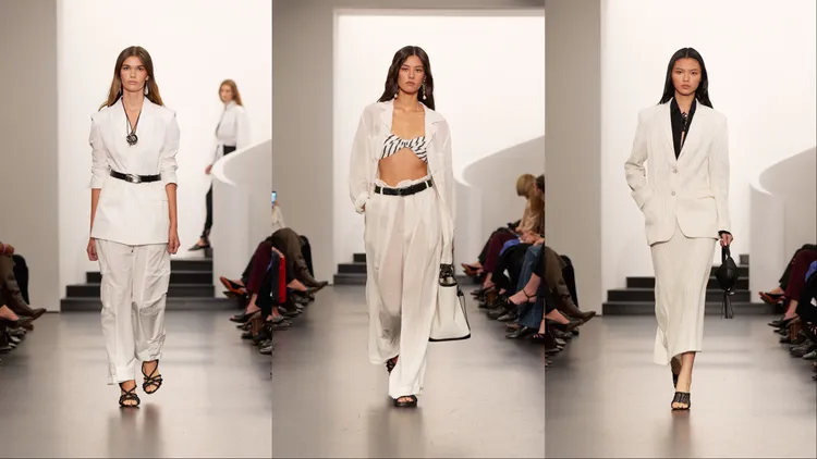 西裝造型以束腰、襯衫式、透膚材質等多種形式呈現。品牌提供