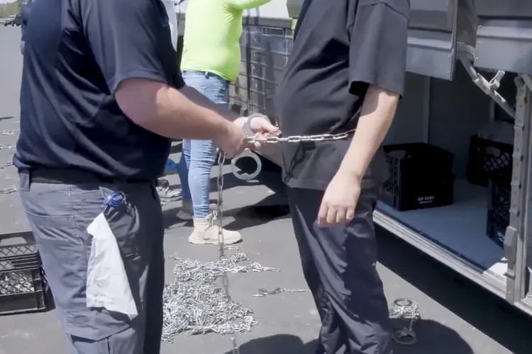 韓國工程師在鏡頭前被銬上手銬、腳鐐，腰上纏著鐵鍊。美聯社