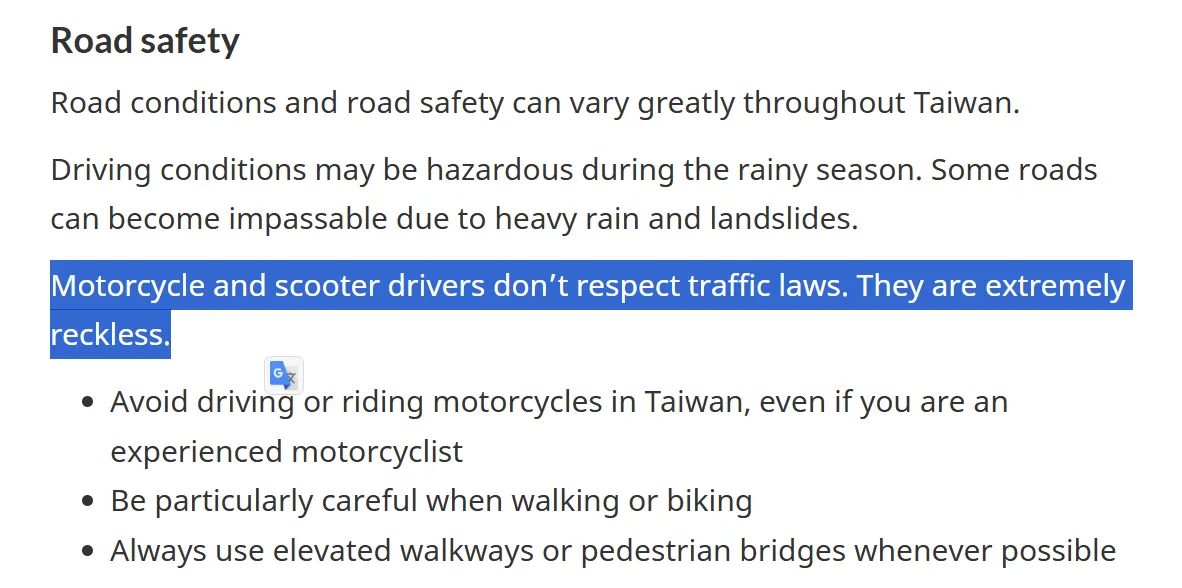 加拿大政府直白指出,台灣的機車騎士不遵守交通法規,而且行為極度魯莽。翻攝https://travel.gc.ca/destinations/taiwan