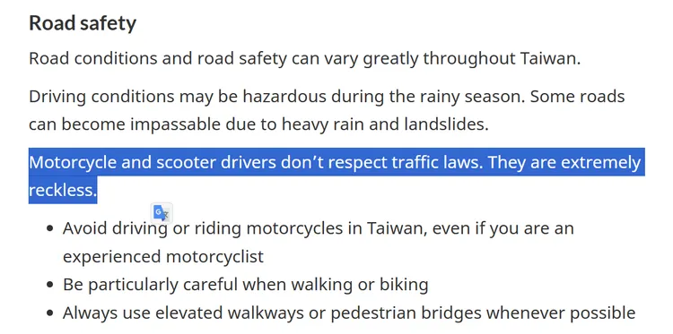 加拿大政府直白指出，台灣的機車騎士不遵守交通法規，而且行為極度魯莽。翻攝https://travel.gc.ca/destinations/taiwan