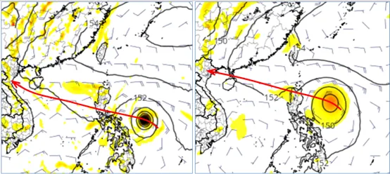 吳德榮指出，最新(27日20時)美國(GFS左圖)及歐洲(AIFS右圖)模式2日20時模擬圖顯示，下半週起菲律賓東方海面又有熱帶擾動發展，大致朝海南島前進。