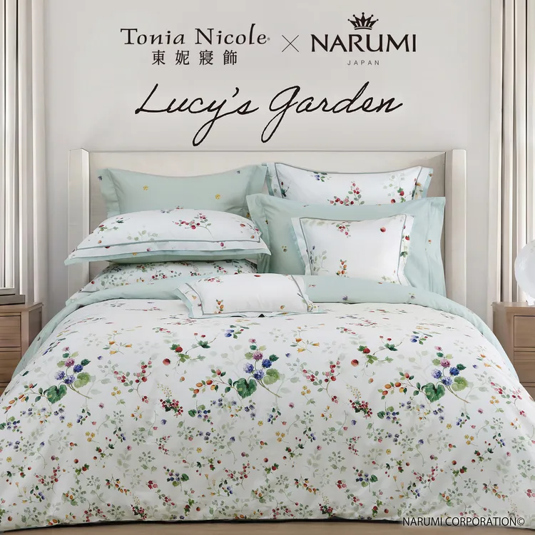東妮寢飾 × Narumi日本精品骨瓷聯名寢具，100%高紗支長纖棉印花四件式床包組- 露西花園，雙人原價1萬1850元/套，優惠價9480元/套。業者提供
