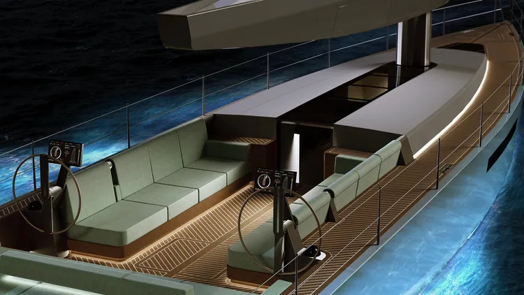 透過WISAMO系統的伸縮式自支撐桅杆，AQUA徹底打破傳統索具系統，省去繁複的繩索與支索，打造出極為開闊的甲板區域，成為遊艇的核心生活空間。業者提供