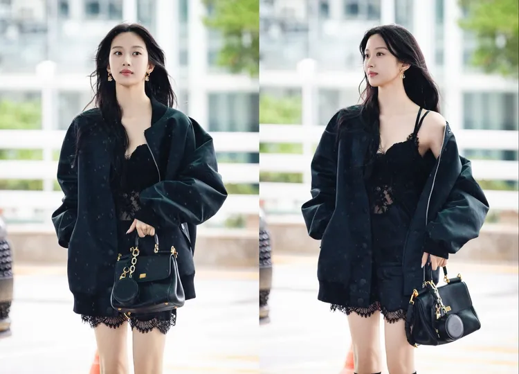 文佳煐機場時尚選穿Dolce&Gabbana黑色蕾絲細肩帶洋裝，卻被網友質疑太像內衣。品牌提供