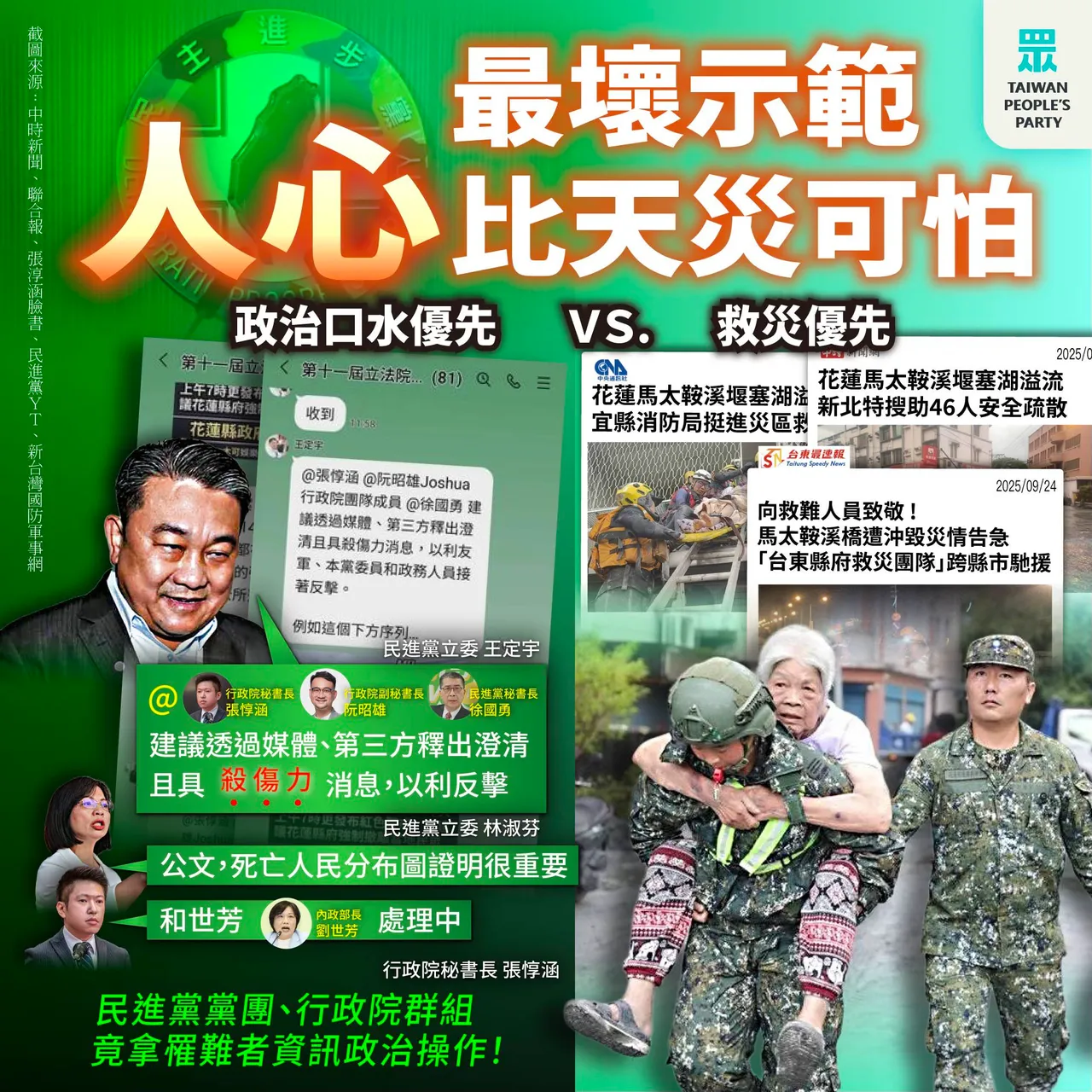 民进党立委王定宇在党内群组建议透过媒体与政院释出「澄清且具杀伤力消息」挨轰。民众党提供