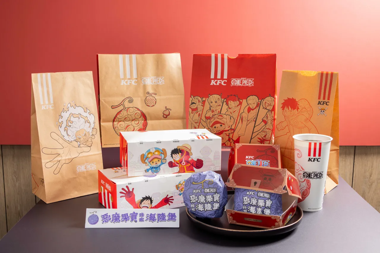 航海王联名系列包含汉堡纸、盒装、纸袋及饮料杯都有新设计。肯德基提供
