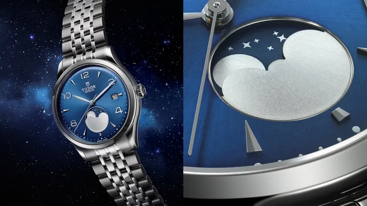 TUDOR 1926 Luna（帝舵1926月相款），39mm，磨光鋼錶殼，藍色錶面，飾以太陽放射紋，鋼錶帶，帝舵表自動上鍊機芯 T607-9型，防水深度100米，8萬5000元。品牌提供
