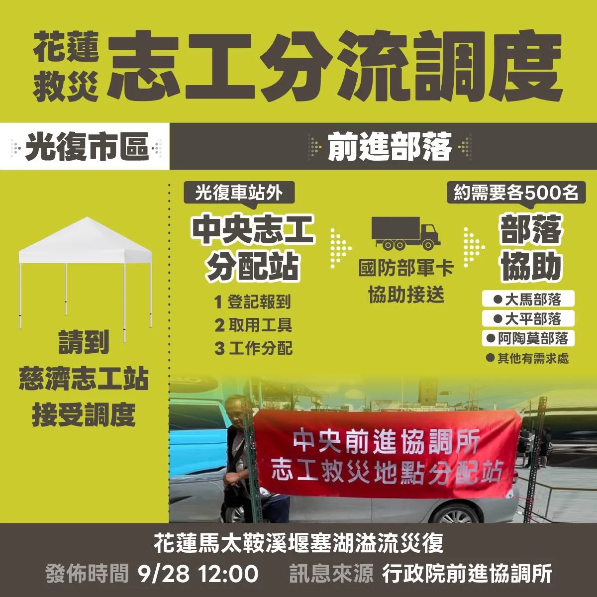 灾区志工开始分流。翻摄自行政院发言人脸书