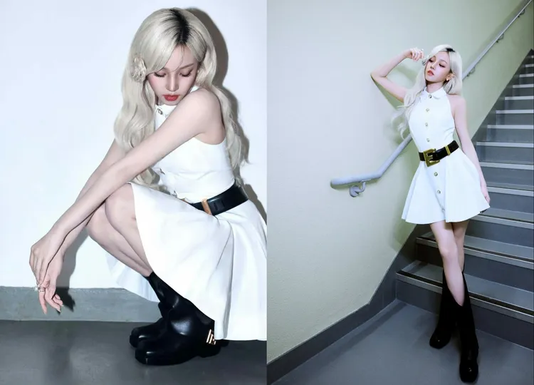 宋雨琦以寬版腰帶營造出更具份量感的比例。翻攝宋雨琦微博