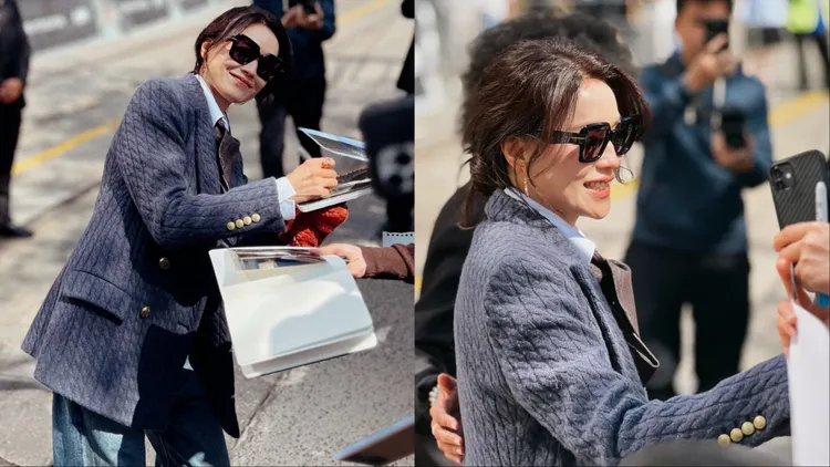 舒淇歪著身體對粉絲鏡頭微笑，畫面又美又俏皮。翻攝小紅書