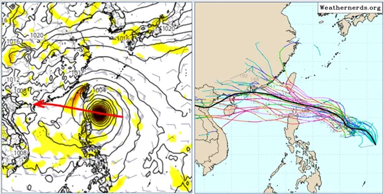 「樺加沙」即將進入巴士海峽，繼續偏西進行。翻攝自tropical tidbits、weathernerd