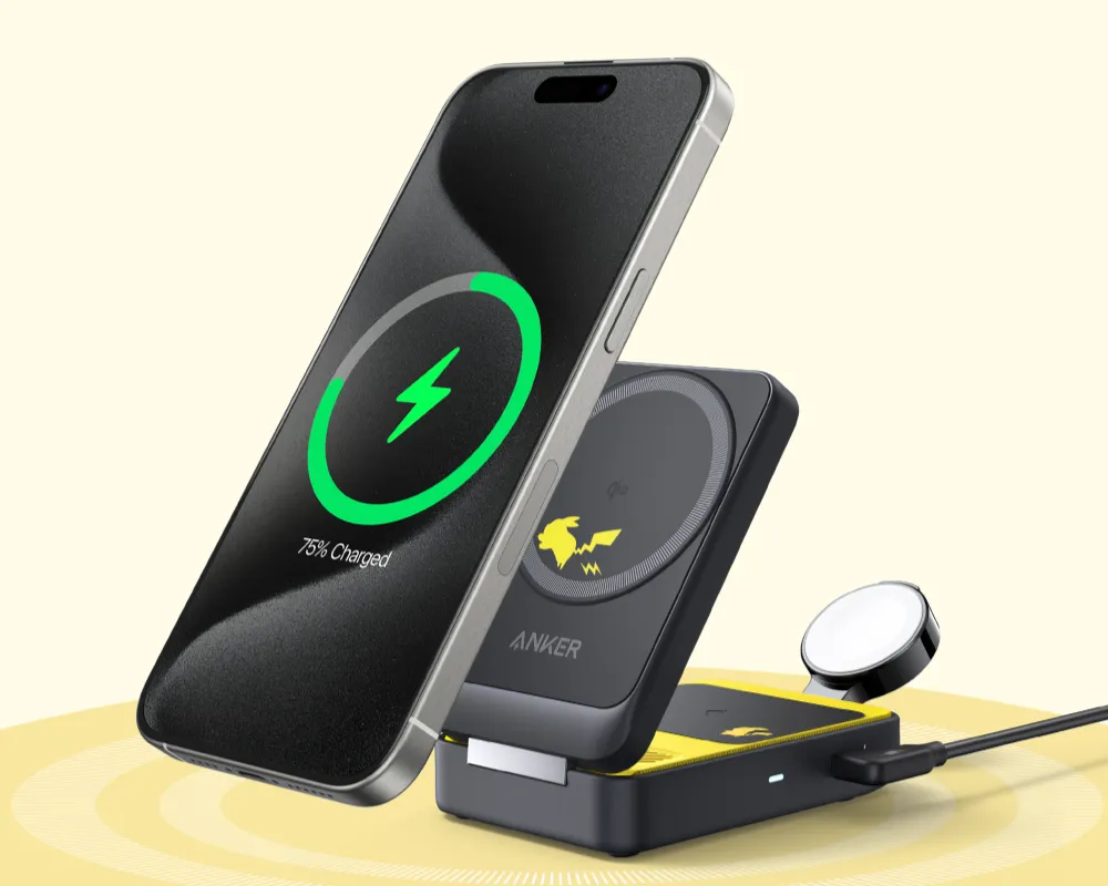皮卡丘剪影加持的三合一磁吸充電座,支援 iPhone、AirPods、Apple Watch 同步快充,桌面整潔又療癒。Anker