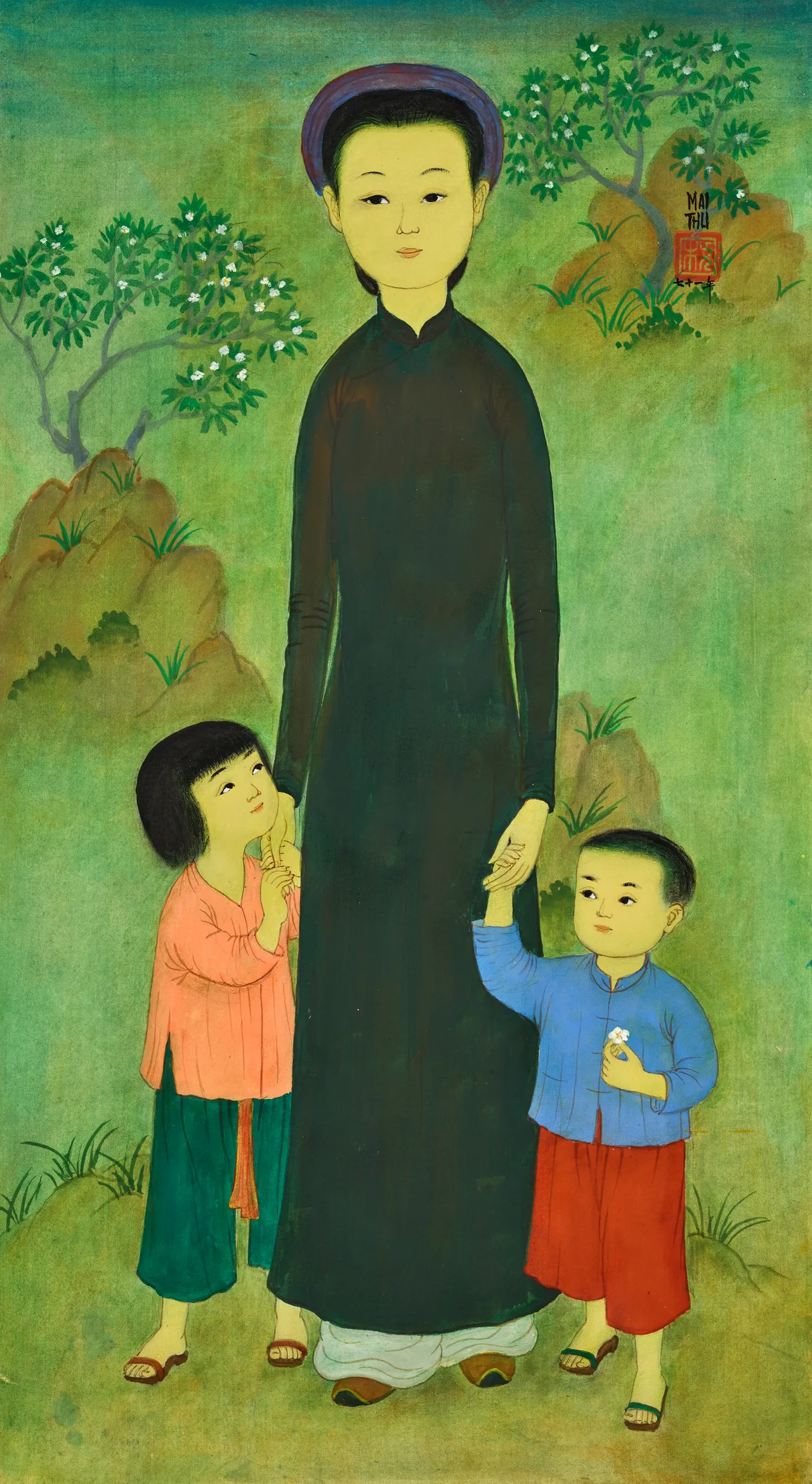 梅忠恕《園中散步》，1971年作，水粉絹本藝術家畫框，57.5 x 31公分，估價80萬至120萬港元。