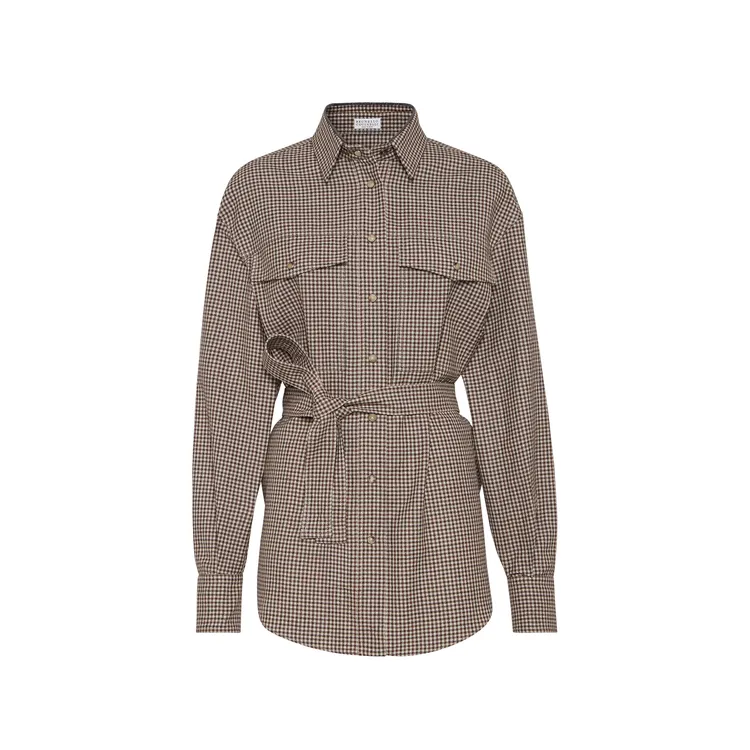 Brunello Cucinelli棕色英式格紋束腰羊毛襯衫，8萬5100元。品牌提供