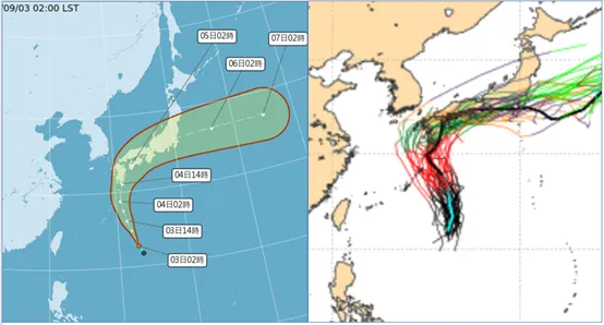氣象署最新預測顯示，熱帶低壓將北轉掃過日本；歐洲模式模擬路徑與之類似。翻攝氣象應用推廣基金會