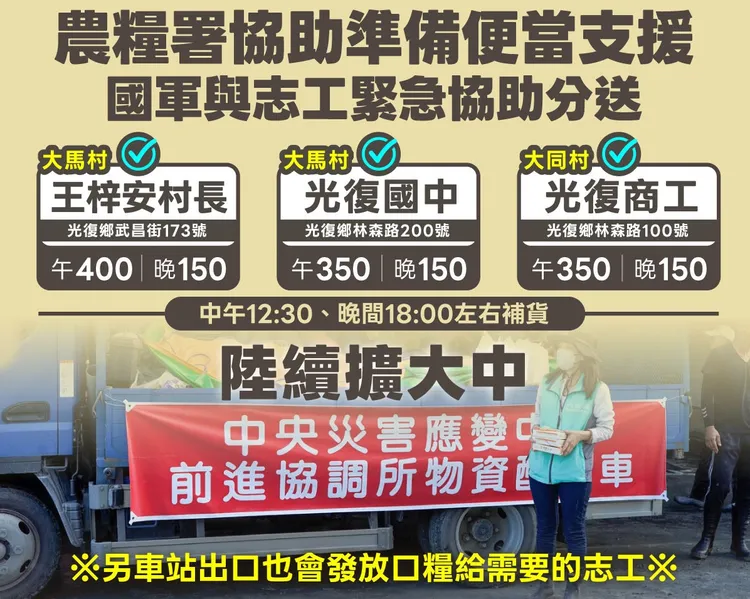 農糧署今天起將每日準備便當，分送到光復鄉3定點發放給災民與志工。經濟部提供