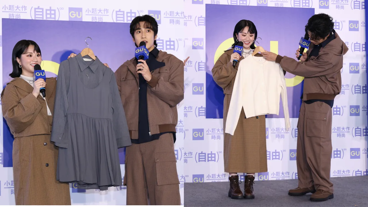 娄峻硕(右)现场帮爱妻搭配服装。彭欣伟摄