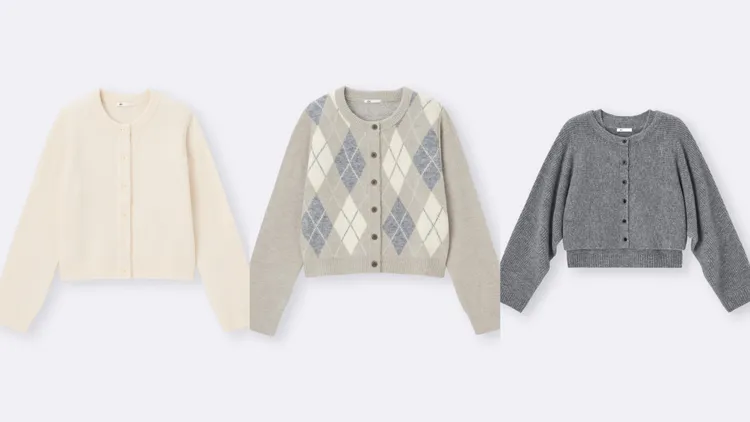 GU女裝puff蓬鬆柔軟圓領針織開襟外套（左起）690元、puff蓬鬆柔軟圓領針織開襟外套690元、puff蓬鬆柔軟兩件式開襟外套1190元。品牌提供