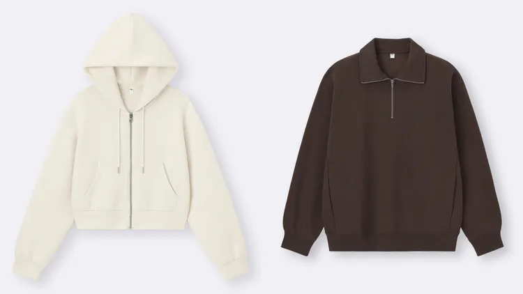 GU女裝puff空氣感休閒連帽拉鍊外套（左）、Heavy weight重磅半拉鍊休閒上衣（右），各990元。品牌提供