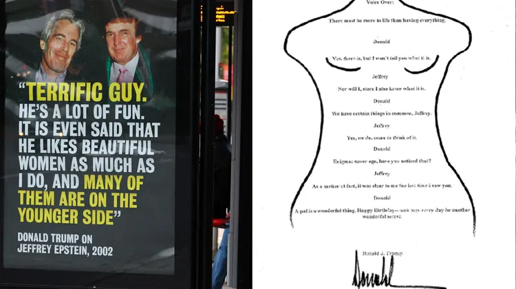 美國眾議員公布據稱是川普寫給淫魔富豪艾普斯坦的不雅信（右圖，美聯社），美媒稱，圖中川普的簽名模仿「陰毛」；川普曾評價艾普斯坦與他都是美女愛好者，不過艾普斯坦偏好「幼齒」。左圖，路透社。