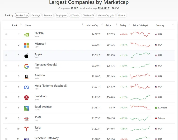 台積電是唯一進榜的台灣企業。翻攝自companiesmarketcap.com