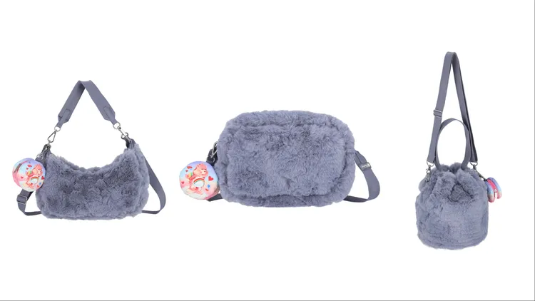 LeSportsac X Care Bears雲絨灰迷你兩用新月包（左起）6400元、雲絨灰毛毛斜背方包6200元、雲絨灰束口水桶包6800元。品牌提供