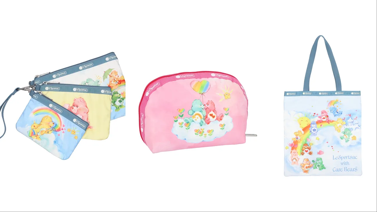 LeSportsac X Care Bears彩虹熊乐园手提袋组合(左起)2950元、彩虹熊乐园中型半圆化妆包1800元、彩虹熊乐园大型肩背托特包4500元。品牌提供