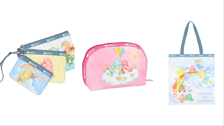 LeSportsac X Care Bears彩虹熊樂園手提袋組合（左起）2950元、彩虹熊樂園中型半圓化妝包1800元、彩虹熊樂園大型肩背托特包4500元。品牌提供